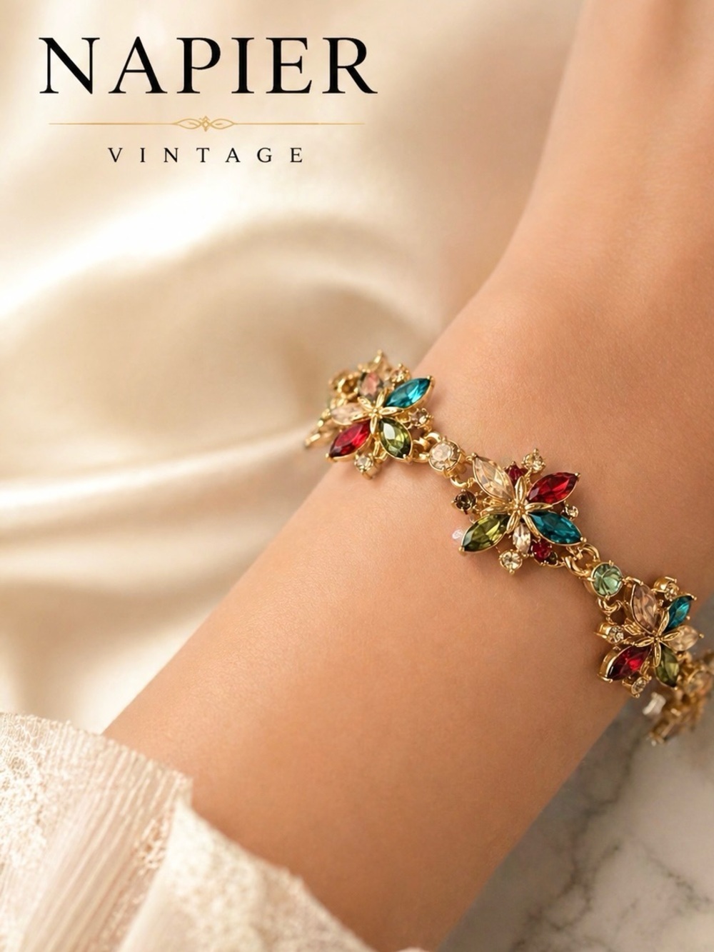 Vintage Napier Multicolor Rhinestone Floral Link Gold Tone Bracelet